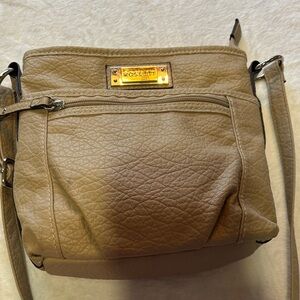 Rosetti Taupe Beige Crossbody Bag with Gold Plaque